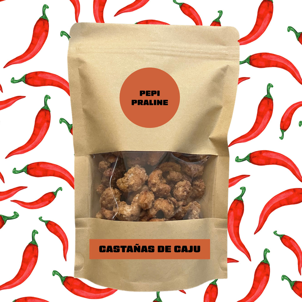 Praliné de castaña de cajú artesanal Pepi Praliné — garrapiñada premium con chiles sal de mar y limón, bolsa kraft zipper