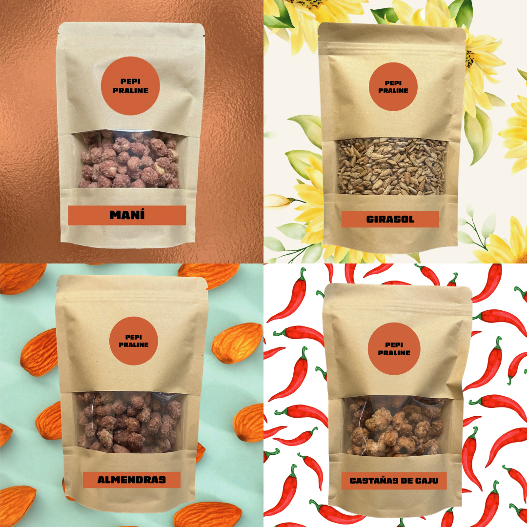 Combo Curioso Pepi Praliné — cuatro sabores de garrapiñada artesanal en bolsas kraft con zipper, Buenos Aires Argentina